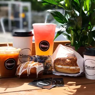 a variety of drinks and pastries