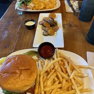 Deep fried pickles for appetizer, California club burger, turkey cranberry sandwich