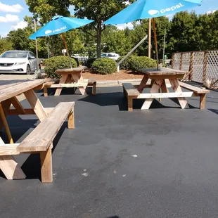 picnic tables and umbrellas