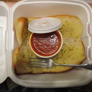 Garlic Bread.Paired with marinara? New to me. The GB was bland(insufficient garlic) without the marina,and odd with it. Not a repeat for me.
