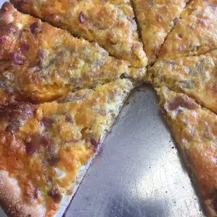 Breakfast pizza eggs bacon sausage American cheese yummy!