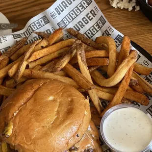 Wisconsin Smashed Burger with Cajun fries. With a side of ranch