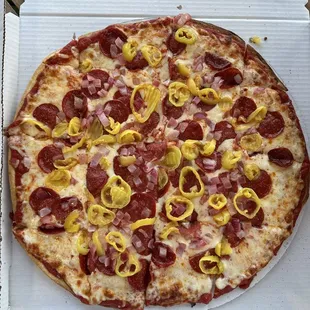 Pepperoni, onion, and banana peppers!