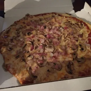 Small pizza with mushrooms and onions.