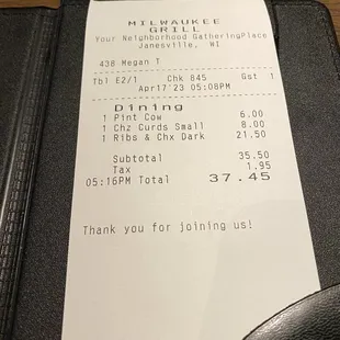the receipt for the restaurant