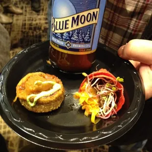 Veggie squash in cake shooter and lamb chili in corn tortilla