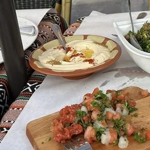 Appetizers: tabouli, hummus, mutabal, muhamara, fattoush, &amp; kibbeh