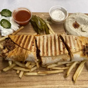 Chicken Shawarma Combo with Fries &amp; Hummus. With a side of hot sauce and tahini sauce