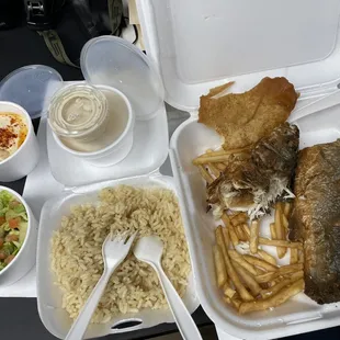 Huge meal with fried seabass! So crunchy!