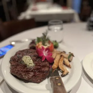 Rib eye with trumpet mushrooms