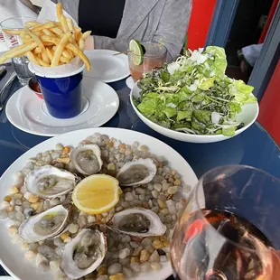 Salad, oysters, fries