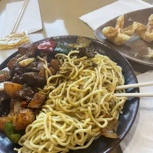 Braised beef over noodles.
