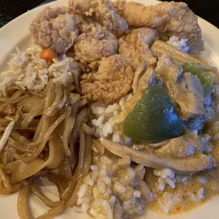 Plate from the buffet with 8. Fried Catfish, 41. Pad Kaprao, 30. House Fried Rice
