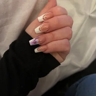 French tip with stripe and purple hibiscus flower