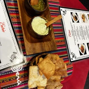 Spicy salsa and spinach sour cream with pita chips (complimentary appetizer!)