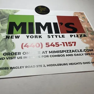 Flyer with phone, email, address, and specials