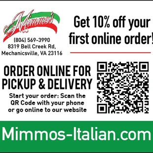 Get 10% off your first order by going to www.mimmos-italian.com