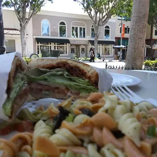 BLT with avocado sandwich and a side of pasta