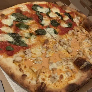 Half margarita half Buffalo chicken pizza medium