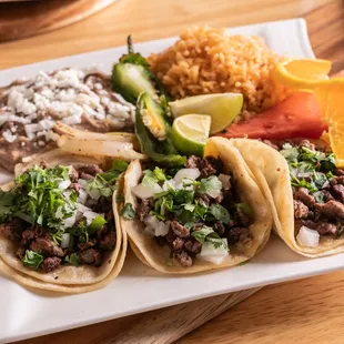 Taco Plate (Carne Asada) with Rice and Beans