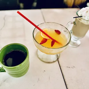 Trifecta Black coffee, Pineapple Mimosa, Irish Cofee