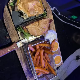 Classic burger w/ sweet potato fries  Special dipping sauce, super good!