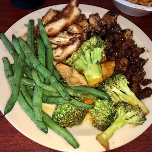 a plate of meat and vegetables