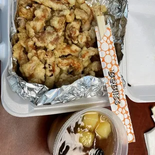 Tang Soo Yuuk (sweet and sour pork) with sauce on the side. To go order. Regular size. Thoughtfully packaged. Delicious! So good!