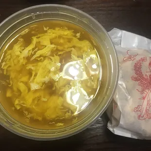 Egg drop soup with free fried noodles.