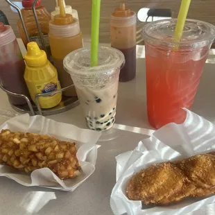 Korean potato dog. Brown sugar milk tea. Original k-dog and strawberry lemonade