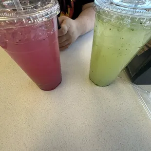 Dragon fruit lemonade and cucumber lemonade.