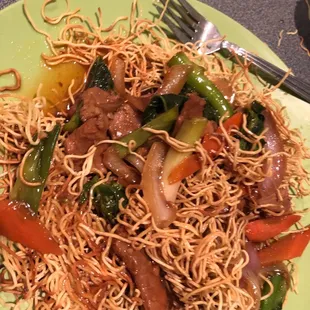 Beef chow mein with pan fried noodles. This is a truly terrible pic and the mess is mine not the restaurants.