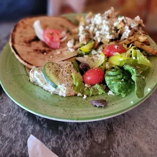 Greek salad, pita, and those delicious feta fries!