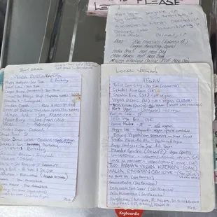 pages from book of vegan friendly establishments in the area