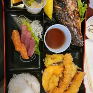 3 item bento box with saba shioyaki, tempura, sashimi