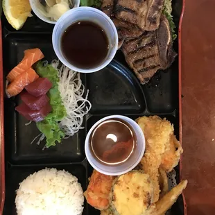 3-item Bento w/shortribs, tempura & sashimi