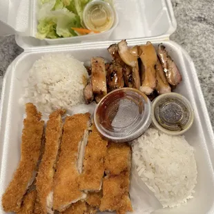 1/2 Chicken katsu and 1/2 chicken teriyaki. Delicious meal with A LOT of food