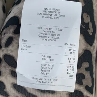 a receipt on a chair