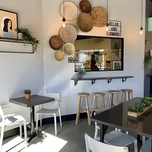 Seating area &amp; window to the Cat Cafe