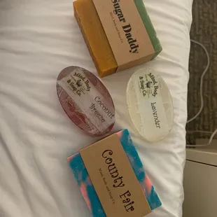 Soaps: sugar daddy and county fair (Cotten candy). Smells amazing! The facial bars: coconut and lavender