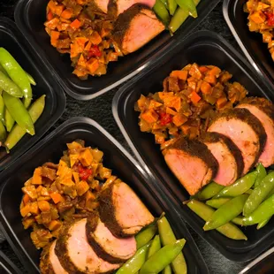 Juicy Blackened pork tenderloin with amazing an sweet potato hash and crisp snap peas. Meal prep at its best at mindovermattermeals.com