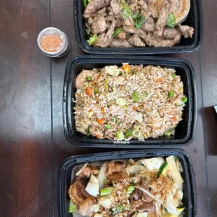 Drunken 73. Crying Tiger Steak, Thai Fried Rice shrimp, and 68. Mixed Vegetables Stir-Fried with crispy pork