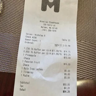 the receipt for the restaurant