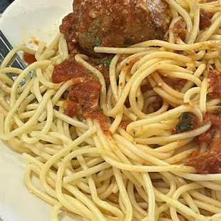 Half leftover of the giant spaghetti and meatballs.