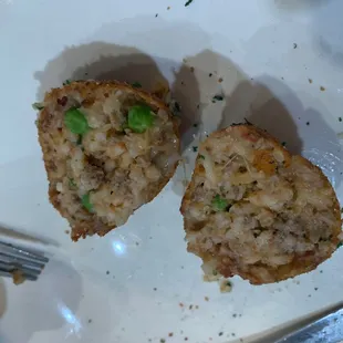 Dom&apos;s Arancini, rice ball split in half