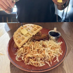 close-up of chicken and waffle