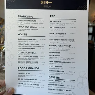 Wine and dessert menu