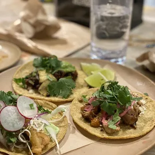 Fried Catfish, Grilled Steak, and Charcoal Chicken tacos