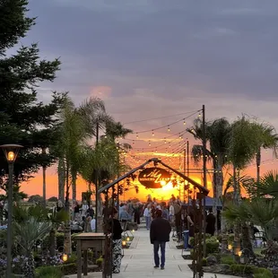 people walking down a walkway at sunset