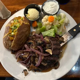 Hamburger Steak w/Mushroom Gravy and Onions Loaded Baked Potato